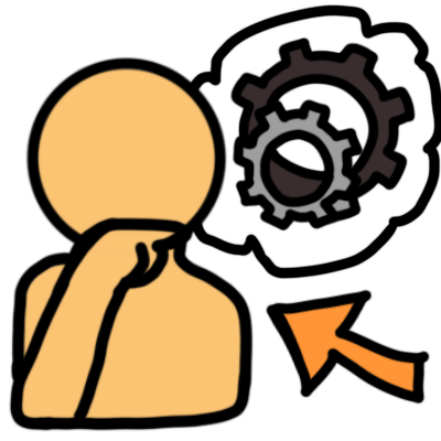 A featureleses yellow figure with a hand over their chin in thought. next to them, overlapping with their head, is a thought bubble with cogs in it. an orange arrow points to the figure